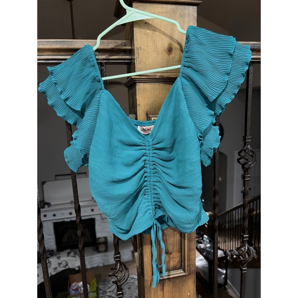 Willow + Root Teal Blue Pleated Ruffle Sleeve Ruched Drawstring Crop Top Women S